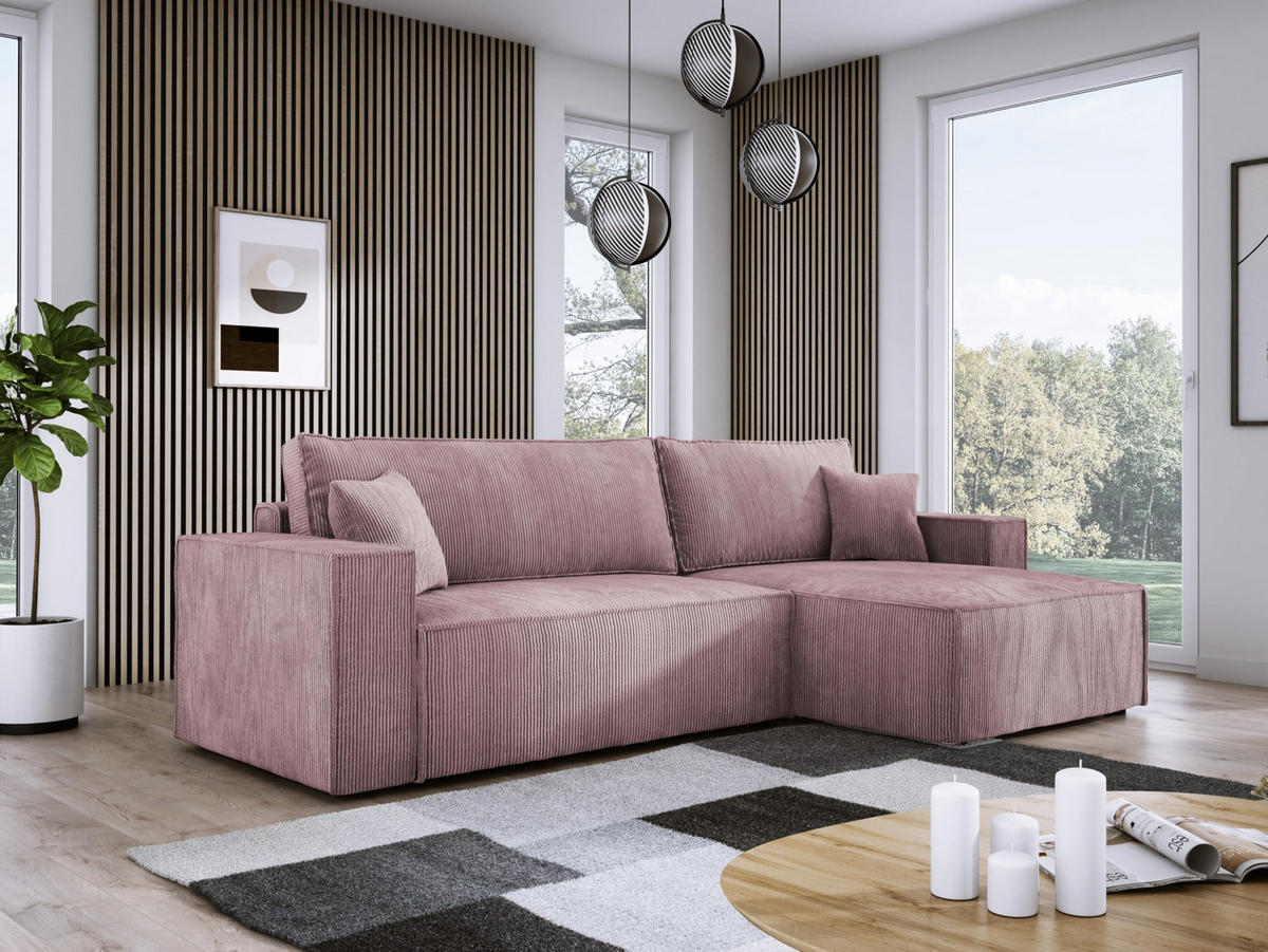 ECKSOFA POSO XL UNIVERSAL, Schlaffunktion und Lattenrost - L-Form, Cord, Federung auf Wellfedern, 274x143x83 cm, Rechts Pink - Pink, Holz/Textil (277/143cm) - DomoHome