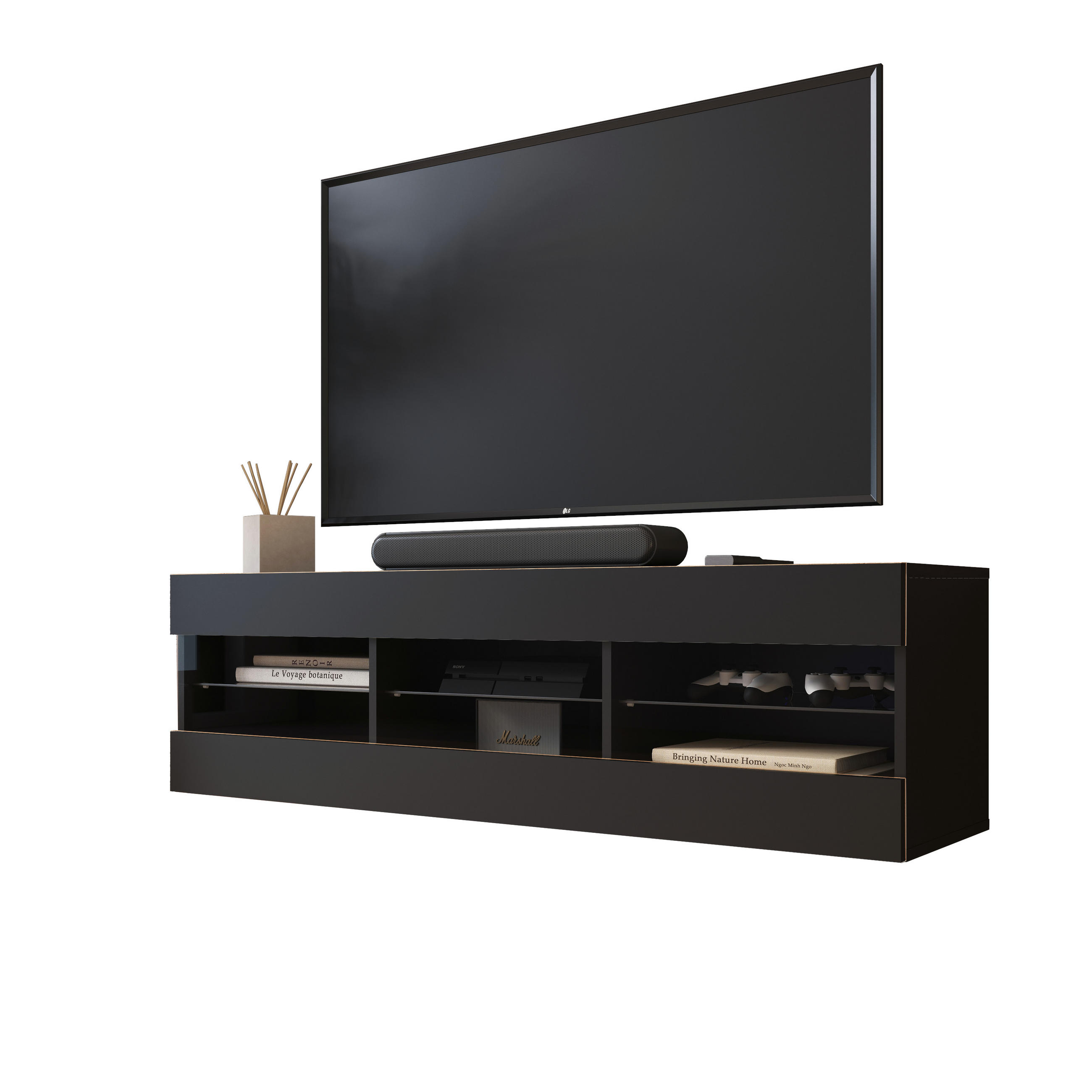LOWBOARD TIVOLI RTV 140, Schwarz - Schwarz, Glas/Holzwerkstoff (140/40.5/35.5cm) - Komodee