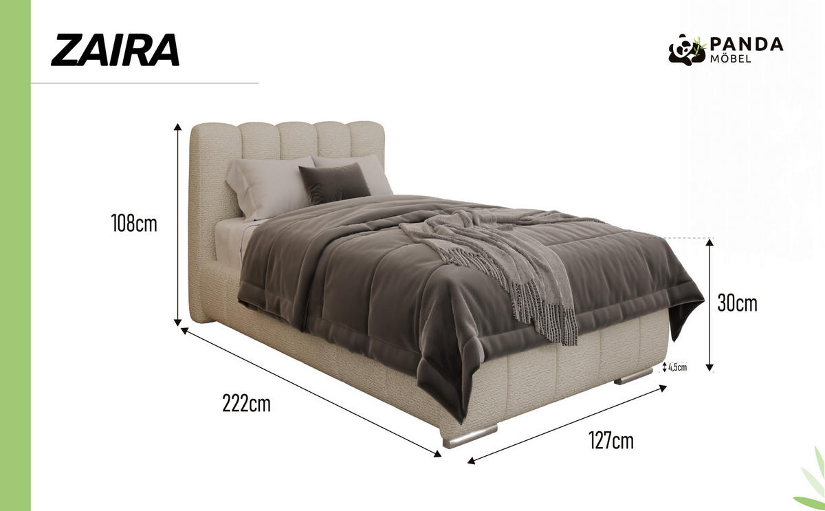 POLSTERBETT Zaira 100x200cm – Elegantes Polsterbett für modernen Wohnstil , ZONIERTE TASCHENFEDERN KOKOS (21cm), creme - Creme, Holz - Panda Möbel