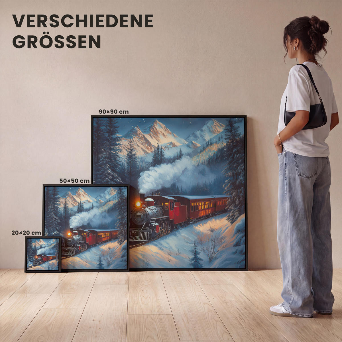 LEINWAND Bilder mit Rahmen - Zug - Weihnachten - Schnee - Weihnachtszug - 90x90 - Anthrazit, Textil (90/90cm) - MuchoWow