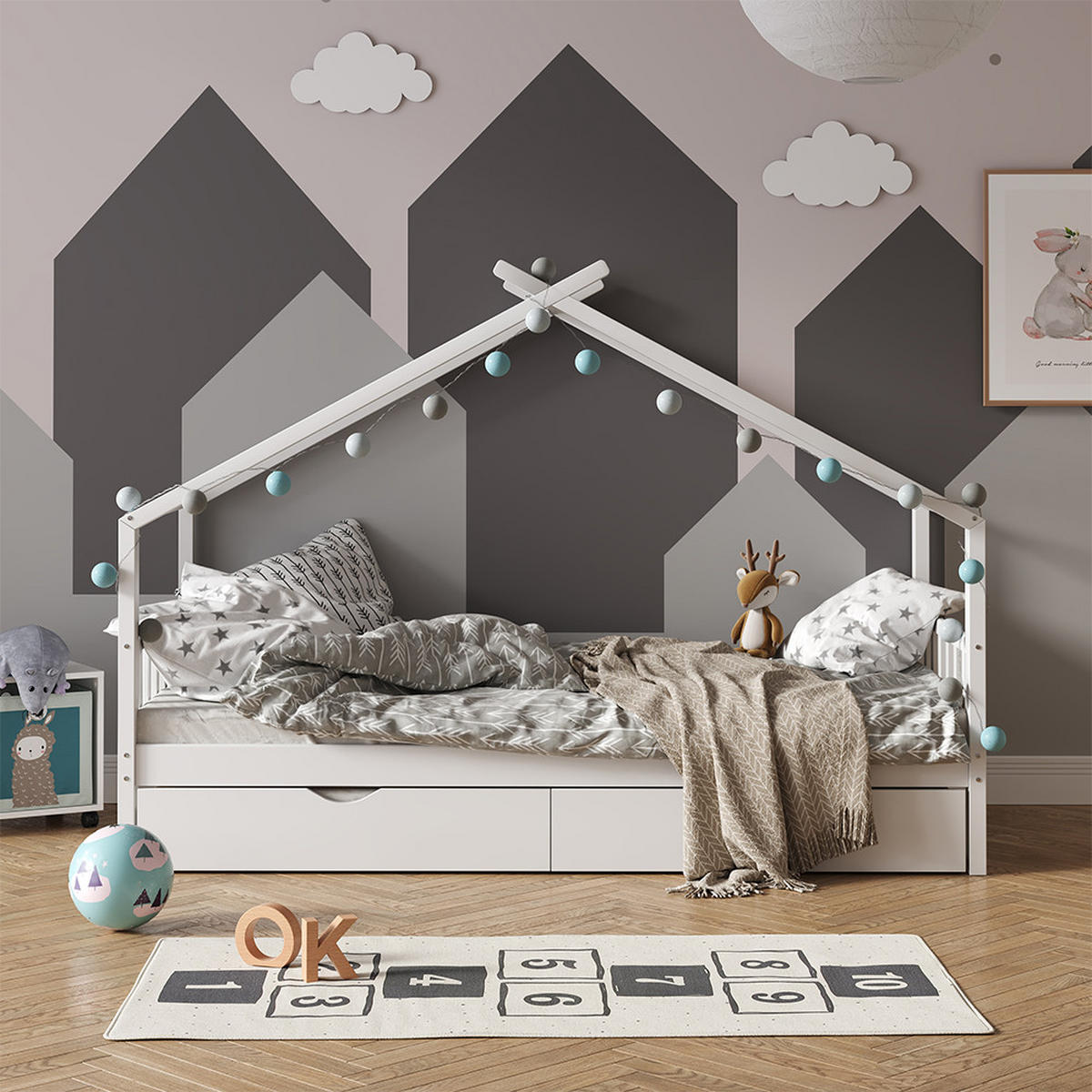 HAUSBETT Design Weiß 90x200 cm mit Gästebett und Matratze - Weiß, Holz (90/200cm) - VitaliSpa