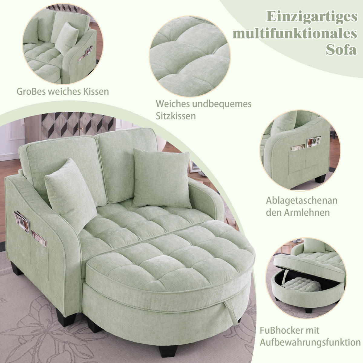 SCHLAFSOFA 2-in-1 mit Hocker und Stauraum, Cyan - Türkis, Holz (132/93/129cm)