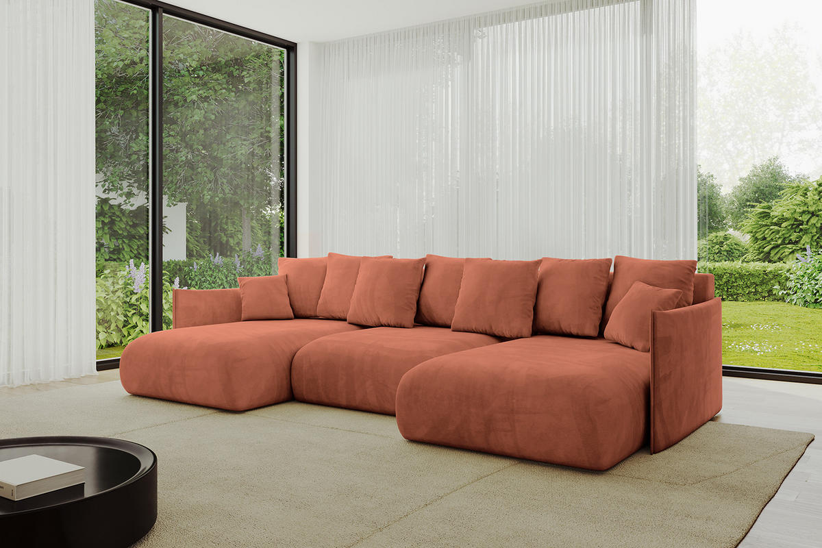 WOHNLANDSCHAFT mit Schlaffunktion und Bettkasten ONESK-U 317x177x72 Apricot Velours - Koralle, Holzwerkstoff/Kunststoff (317/72/177cm) - ALTDECOR