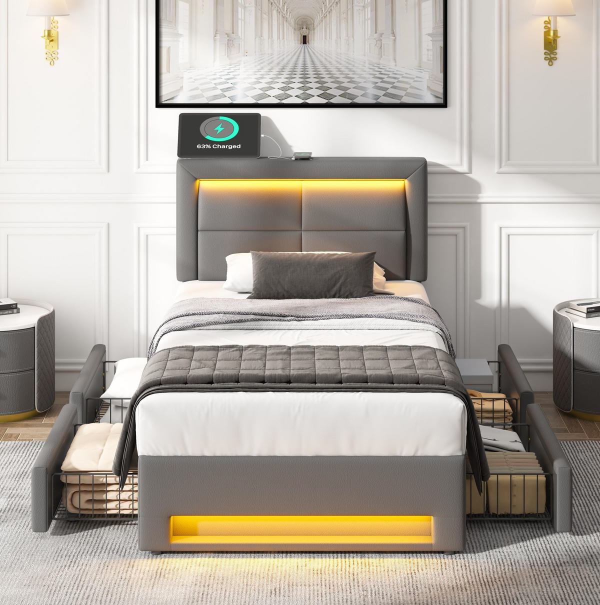 POLSTERBETT 90/190 cm mit USB-Anschluss, LED-Beleuchtung, 4 Schubladen und PU-Bezug, Grau - Grau, Kunststoff (90/190cm) - Redom