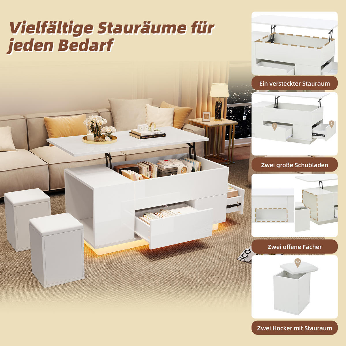 COUCHTISCH Weiß 100/50/45 cm mit Hebefunktion, LED-Beleuchtung und 2 Hockern - Weiß, Holzwerkstoff (50/100/45cm) - PANGIVO