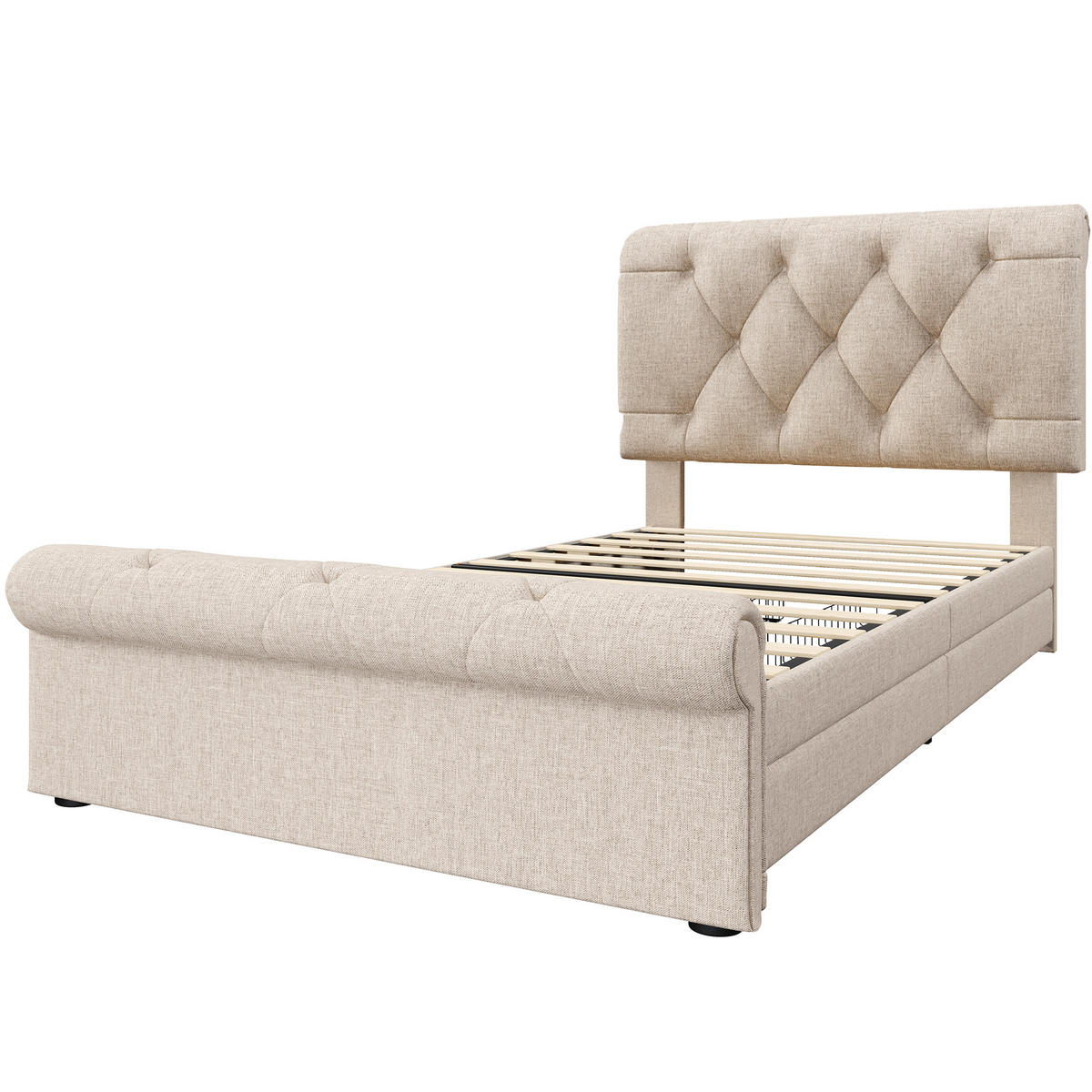 POLSTERBETT 90/200 cm Natürlich mit 2 Schubladen und höhenverstellbarem Kopfteil - Naturfarben, Metall (90/200cm) - OKWISH