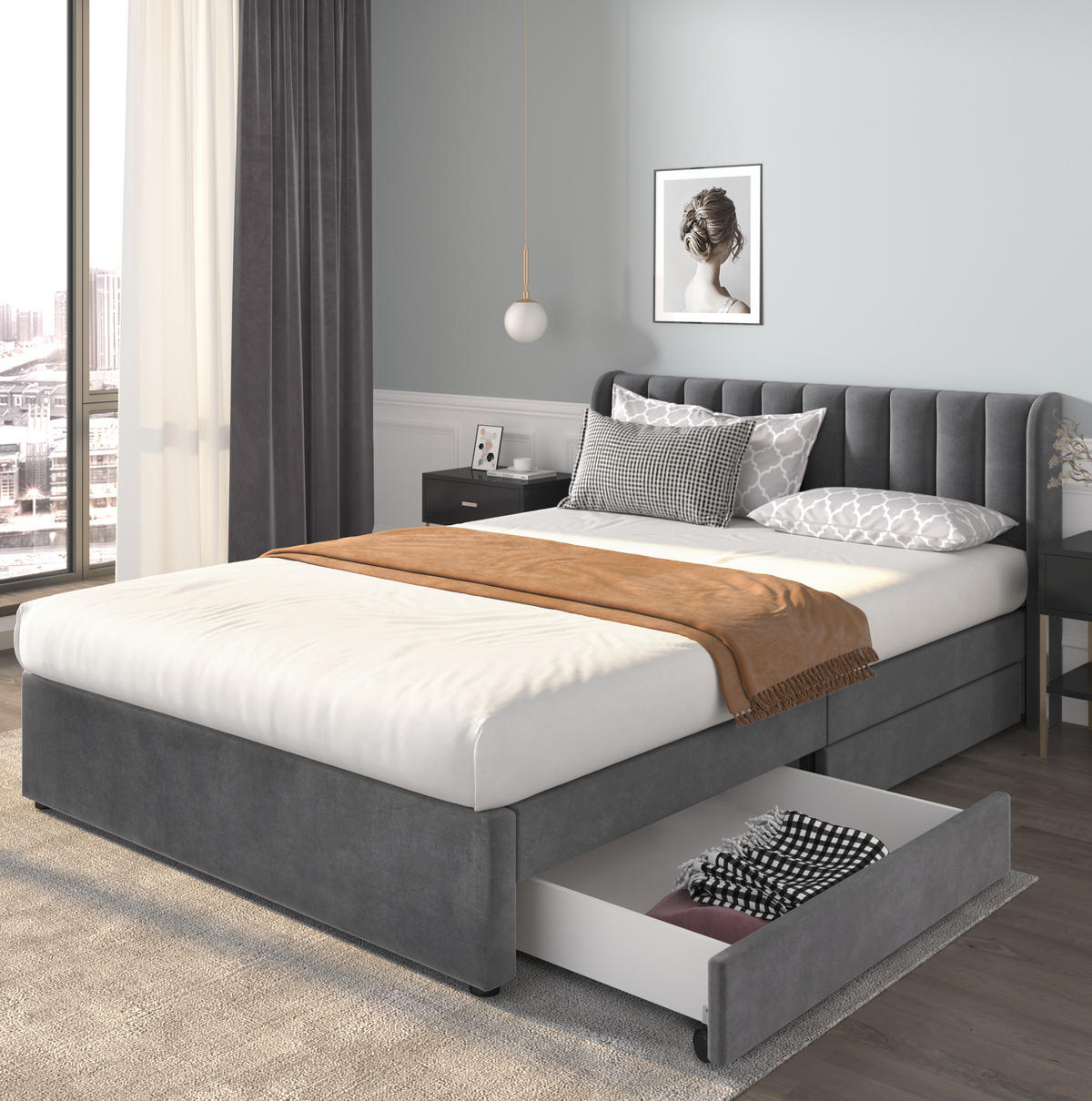 BETT mit 2 Schubladen 160x200 cm Samt Grau - Grau, Holz (160/200cm) - Meubliv