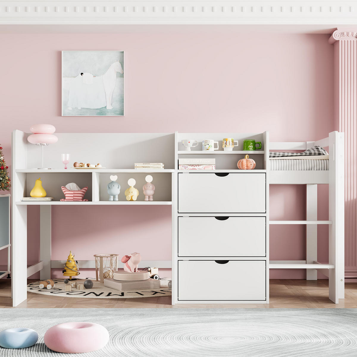 HALBHOHES BETT 90x200cm Weiß Hausform Entertainment-Bereich Staufächer - Weiß, Holz (90/200cm) - FLIEKS