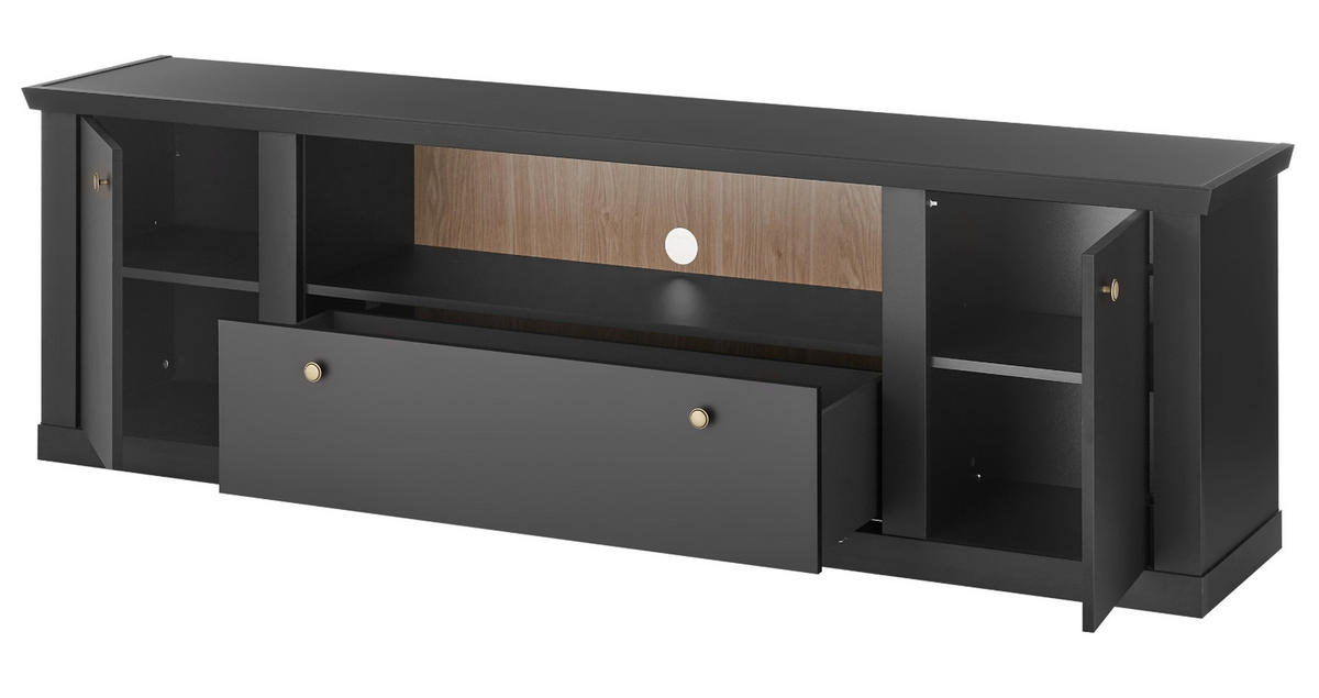 TV-LOWBOARD schwarz matt, Eiche Landhaus 205 cm, TV Unterteil mit Soft-Close - Eichefarben/Messingfarben, Holzwerkstoff/Metall (205/62/42cm) - Furn.Design