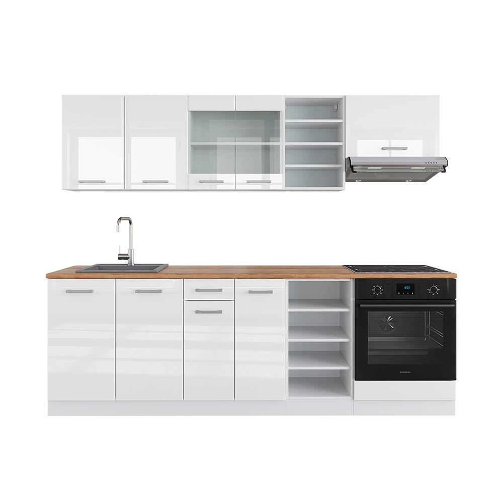 KÜCHENZEILE R-Line Weiß Hochglanz/Weiß 240 cm, AP Eiche - Weiß Hochglanz/Weiß, Holzwerkstoff (240/81.6/60cm) - Vicco