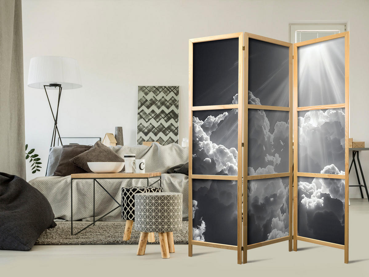 PARAVENT Japanischer 3-tlg 135x172 cm Wolken Himmel - Grau, Holz/Textil (135/172/3cm) - Muralo