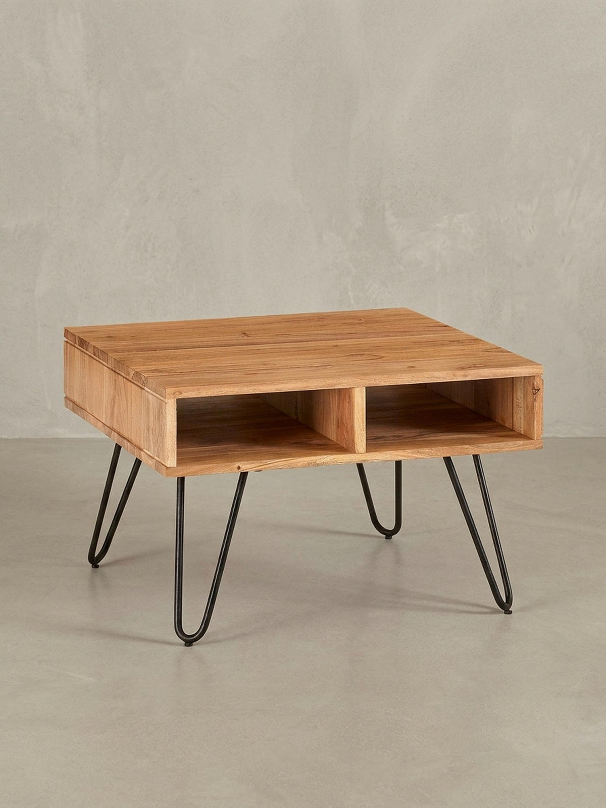 COUCHTISCH aus massivem Akazienholz mit Metallgestell und Stauraum im modernen Design - Beige/Schwarz, Holz/Metall (60/60/40cm) - KADIMA DESIGN