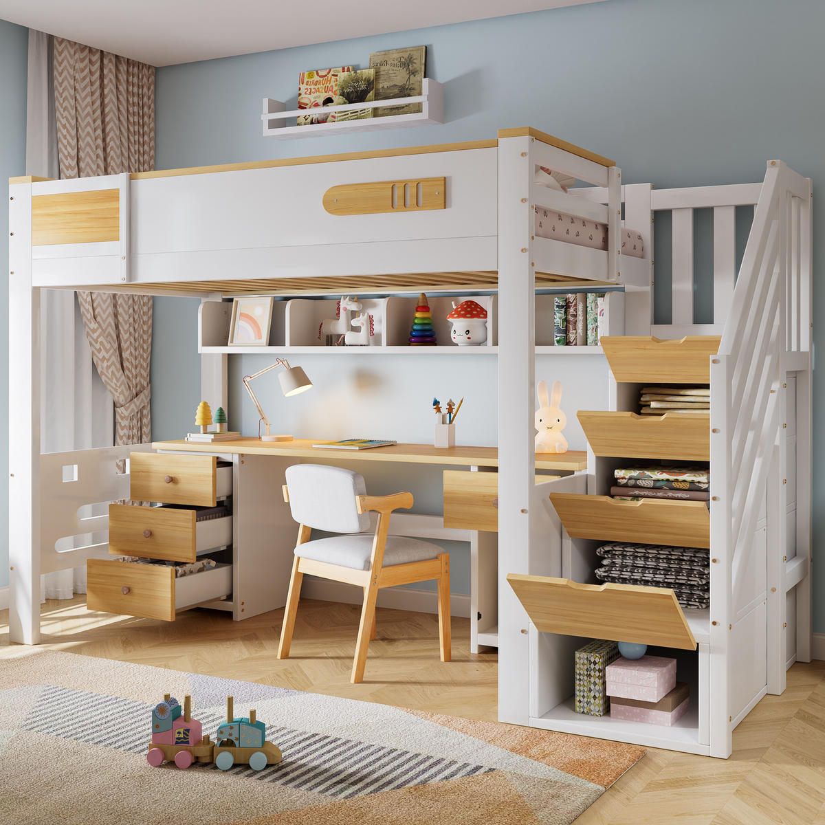 HOCHBETT 90/200 cm in Weiß & Natur mit Schreibtisch, Schubladen, Stauraumtreppe und Hängeregal - Weiß, Holzwerkstoff (90/200cm) - STILVORA