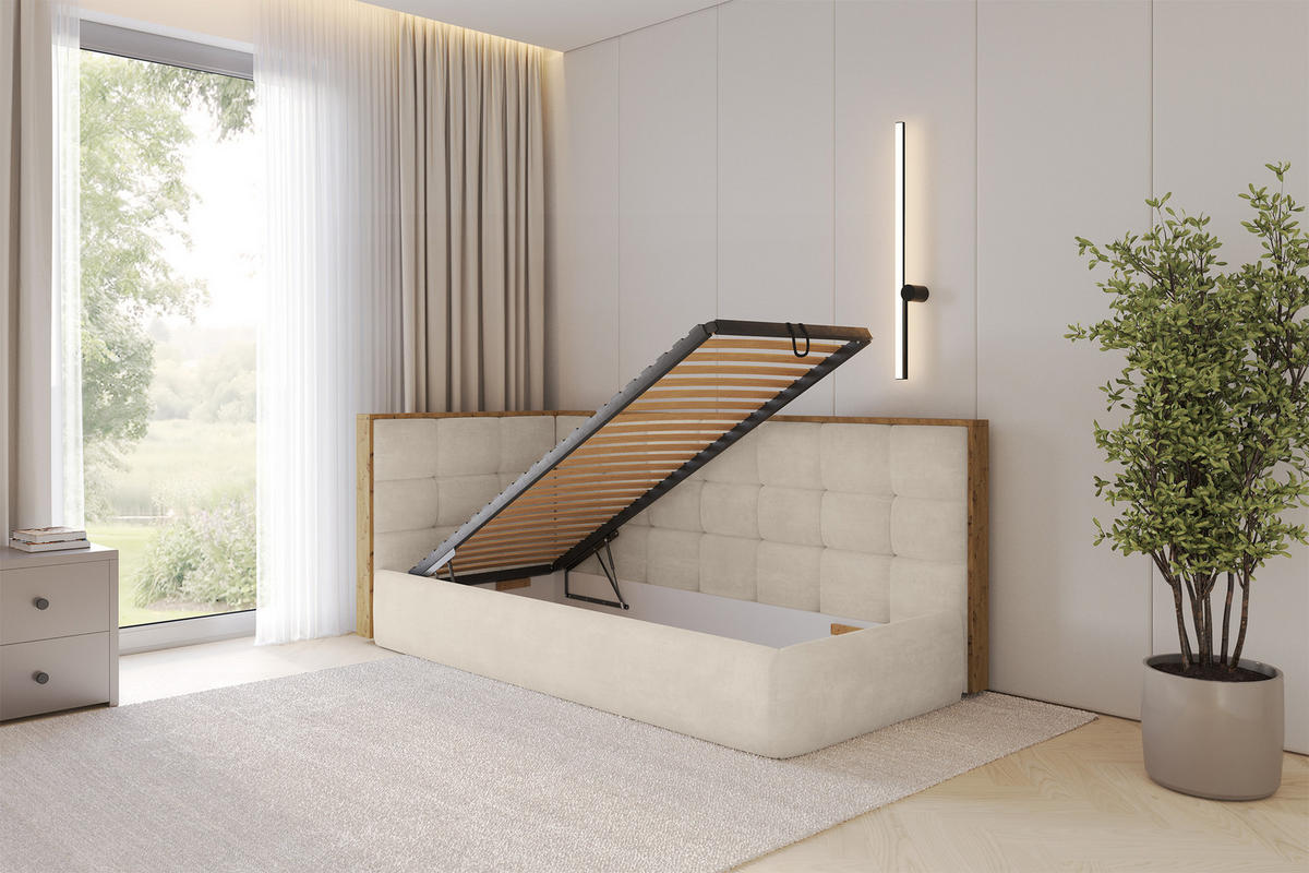 EINZELLBETT Jugendbett mit Bettkasten, Rechts - SOVY 100x200 Beige - Naturfarben, Holzwerkstoff/Textil (100/200cm) - ALTDECOR