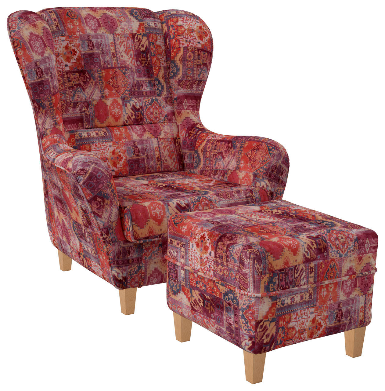 OHRENSESSEL Sofia Relaxsessel mit Hockerr | Design Samt-Velours Orient Rot - Beere/Dunkelrosa, Textil (92/68/95cm) - Supellex