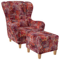 OHRENSESSEL Sofia Relaxsessel mit Hockerr | Design Samt-Velours Orient Rot - Beere/Dunkelrosa, Textil (92/68/95cm) - Supellex