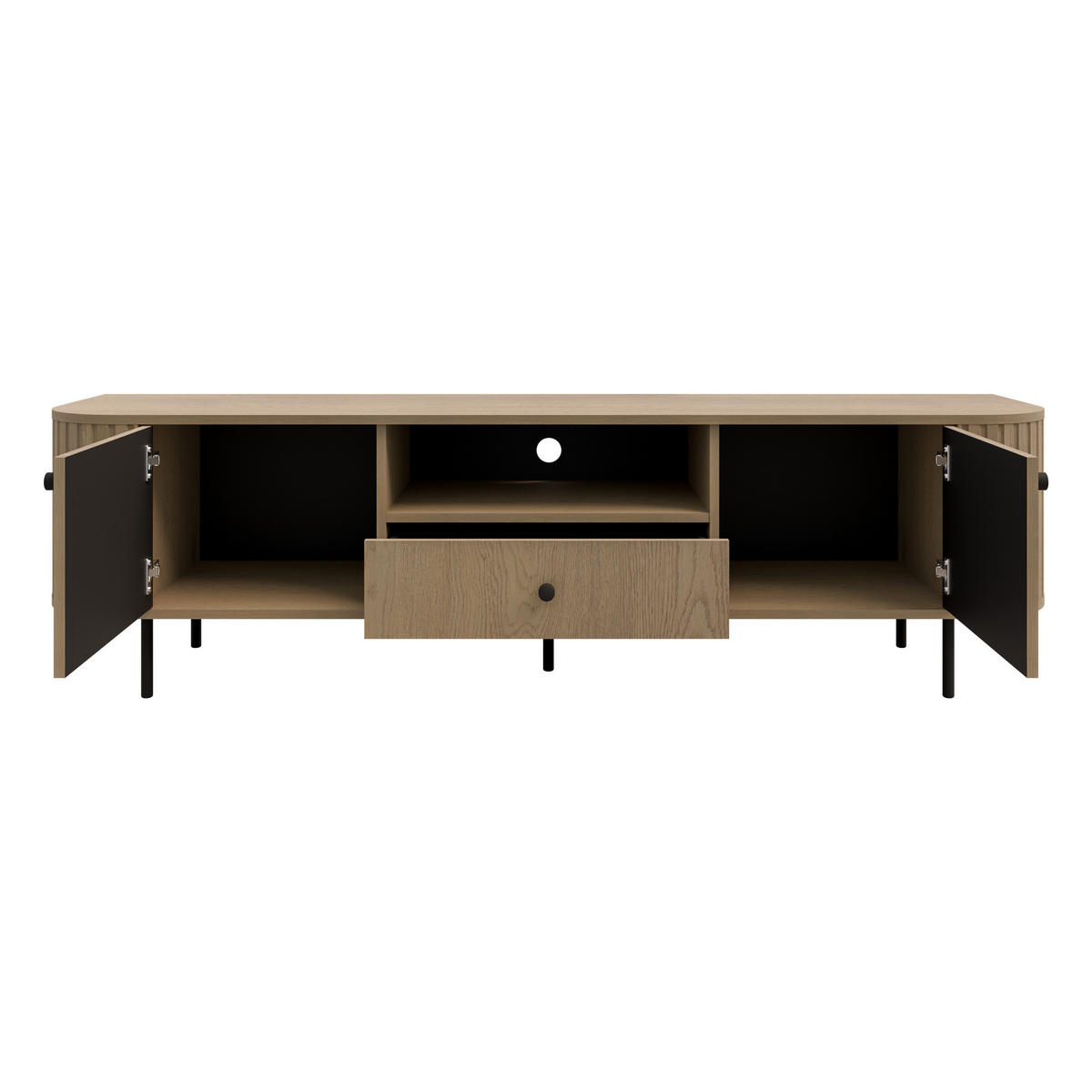 TV-SCHRANK Olivia 180 cm, mit 2 Türen, Schublade, geriffeltem Design, eiche sonoma, schwarzfarbenen Metallfüßen - Sonoma Eiche, Metall (180/50/43cm) - Margaret Hadas24