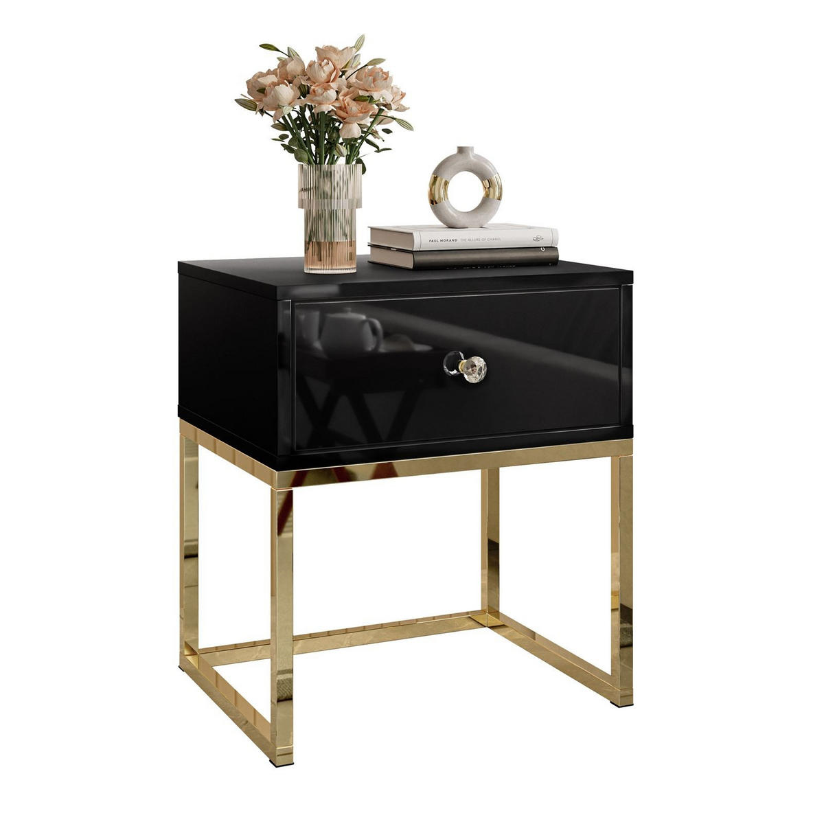 NACHTTISCH BLANCO GOLD Schwarz auf goldenem verchromtem Gestell Kristallgriff - Schwarz Hochglanz, Holzwerkstoff (45/52/36.6cm) - Lookway