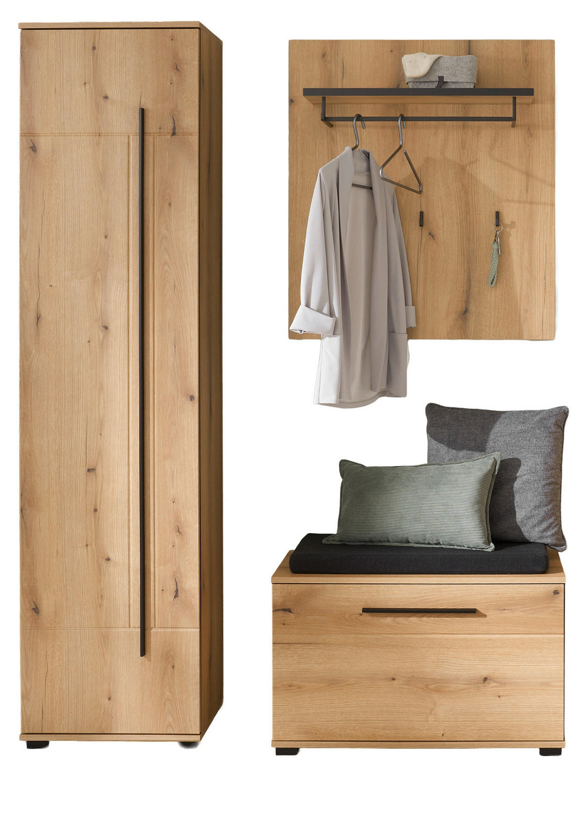 GARDEROBEN-SET Evoke Eiche 4-teilig 140 cm, Flurgarderobe mit Soft-Close - Eichefarben/Dunkelgrau, Holzwerkstoff/Kunststoff (140/200/40cm) - Furn.Design