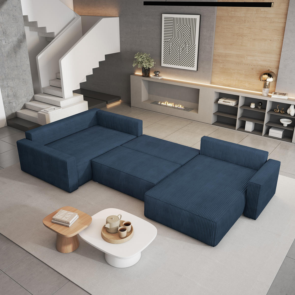 WOHNLANDSCHAFT VELAMI L-S Blau Kordstoff mit Schlaffunktion - Blau, Holz (365/83/194cm) - MASSENO