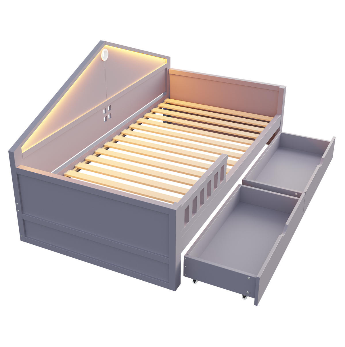 KINDEREINZELBETTEN aus Holz und MDF 90x200 cm in Grau mit LED & 2 Schubladen - Grau, Holz (90/200cm) - Modfu