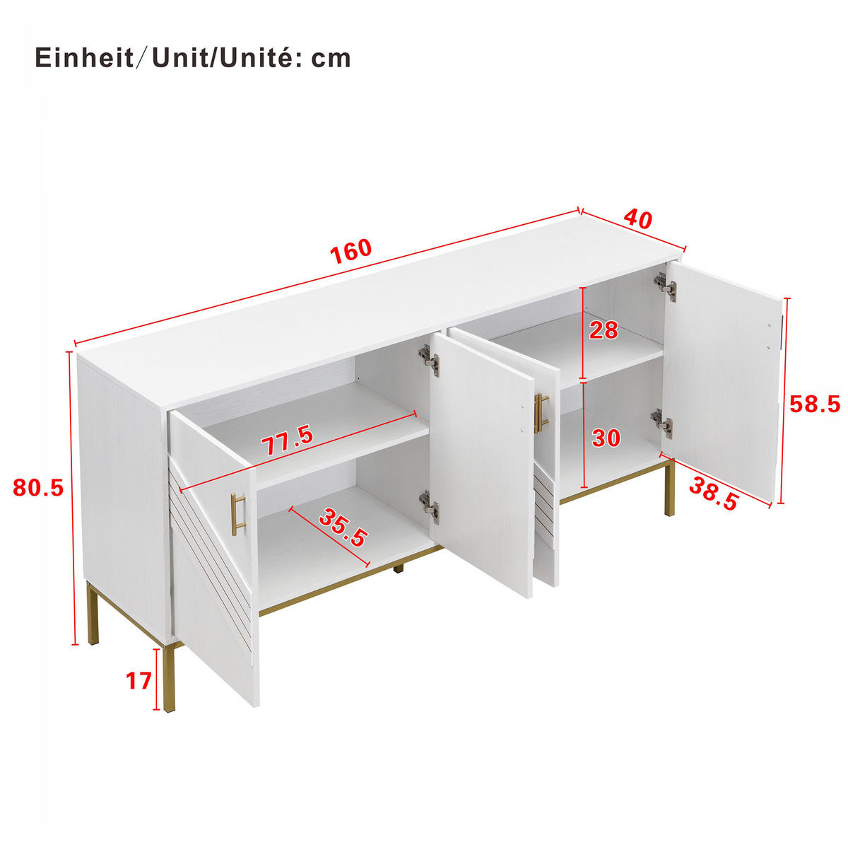 KOMODA z MDF 160x40x80,5 cm bílá s dekorem dřeva se 4 dvířky a nastavitelnými policemi - bílá, kompozitní dřevo (160/80.5/40cm) - Modfu