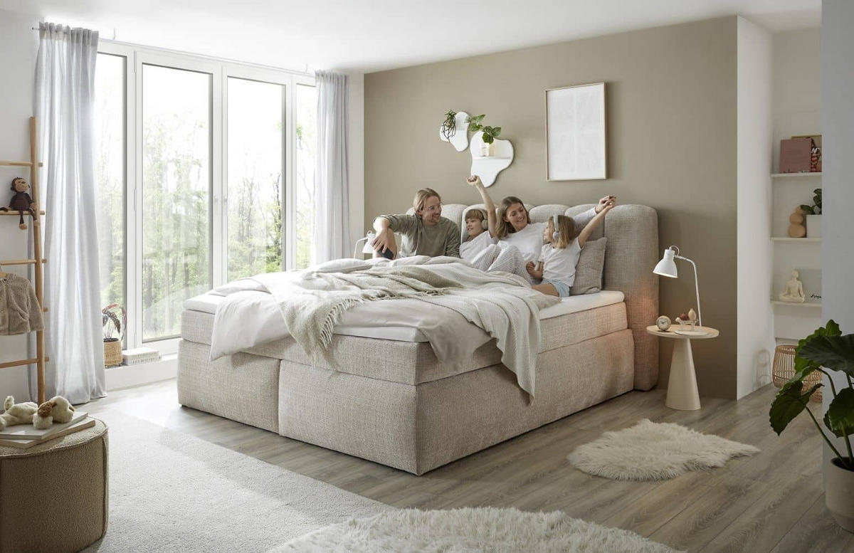 BOXSPRINGBETT 180/200x200 – Duo 7-Zonen-Tonnentaschen-Federkernmatratze & HR‑30 Topper - Taupe/Beige, Holz/Textil (200/200cm) - ed exciting design
