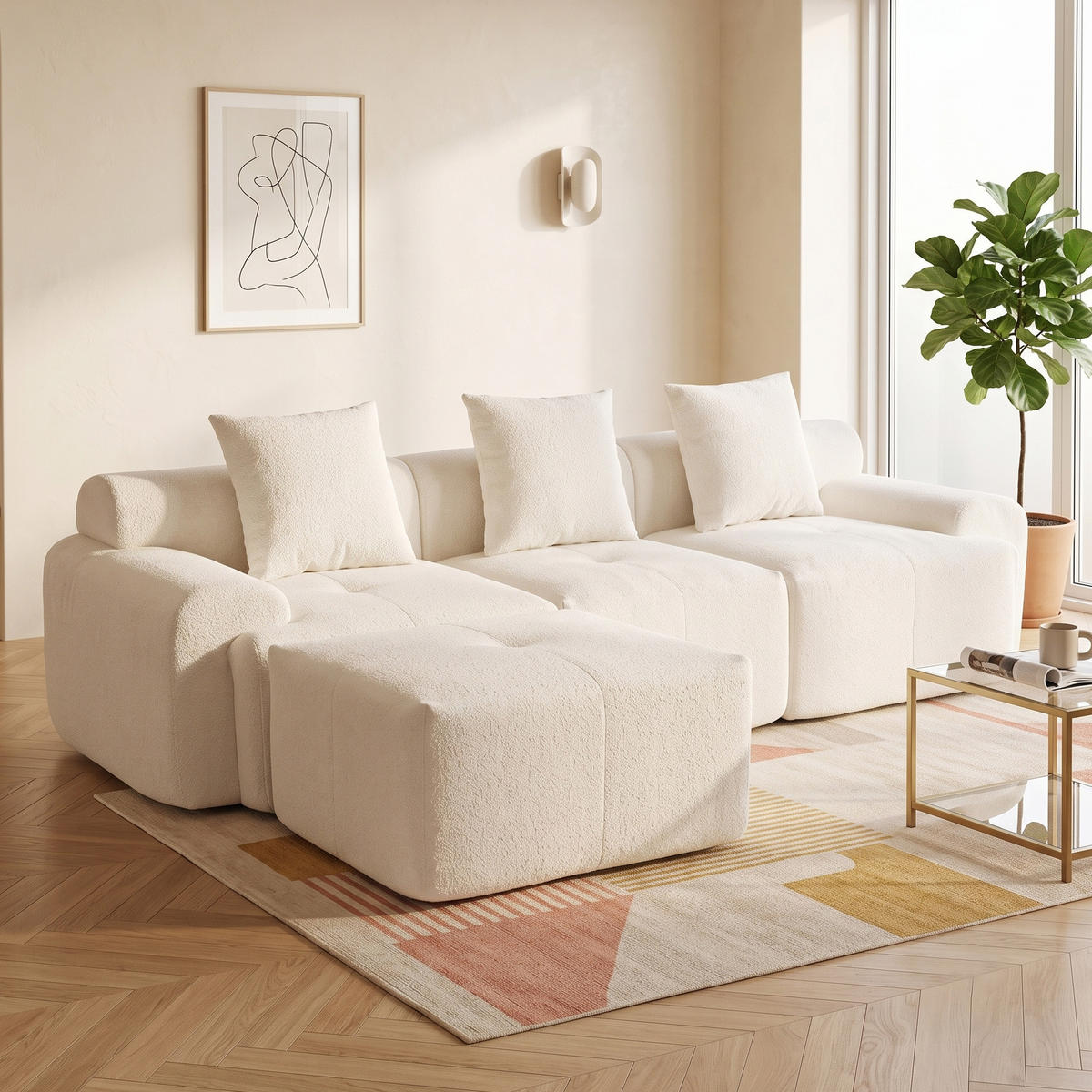 ROHOVÁ POHOVKA modulární pohovka béžová ve tvaru L s taburetem a paměťovou pěnou - béžová, textil (97/100cm) - Urban Meuble