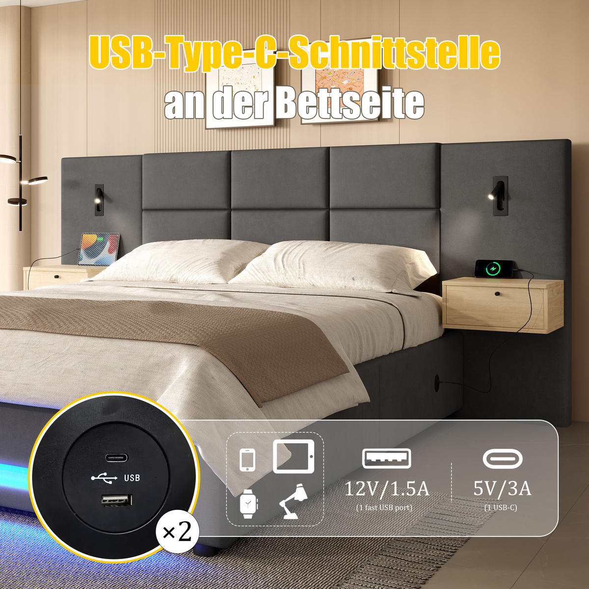 POLSTERBETT 180/200 cm Dunkelgrau mit 2 Stauschubladen, LED-Nachtlicht und USB-C-Anschlüssen - Dunkelgrau, Textil (180/200cm) - Oxeza