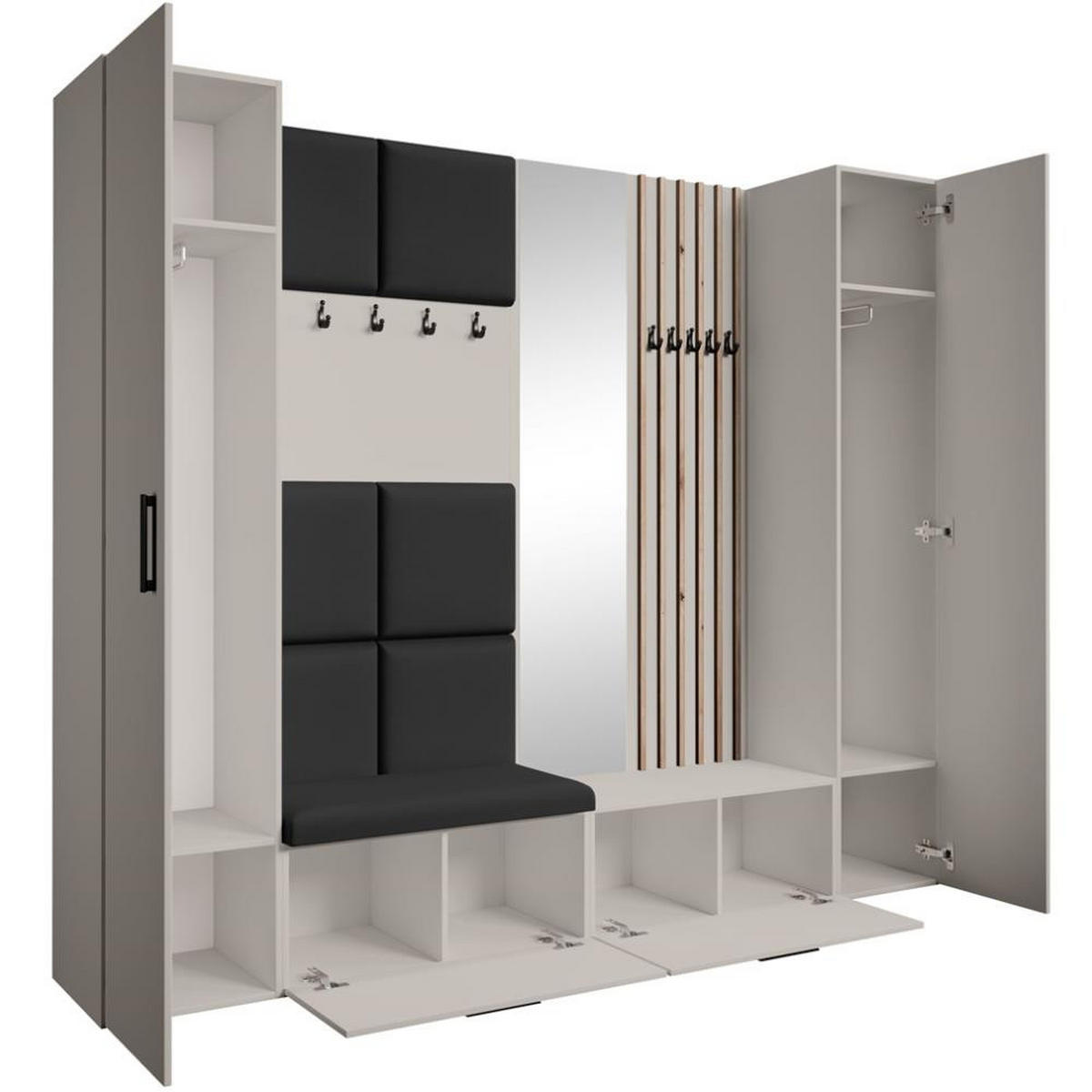 GARDEROBE Margaret XL 242/203/43 mit gepolsterten Paneelen/Lamellen/Spiegel - Kaschmir/Schwarz, Holzwerkstoff/Kunststoff (242/203/43cm) - Beautysofa