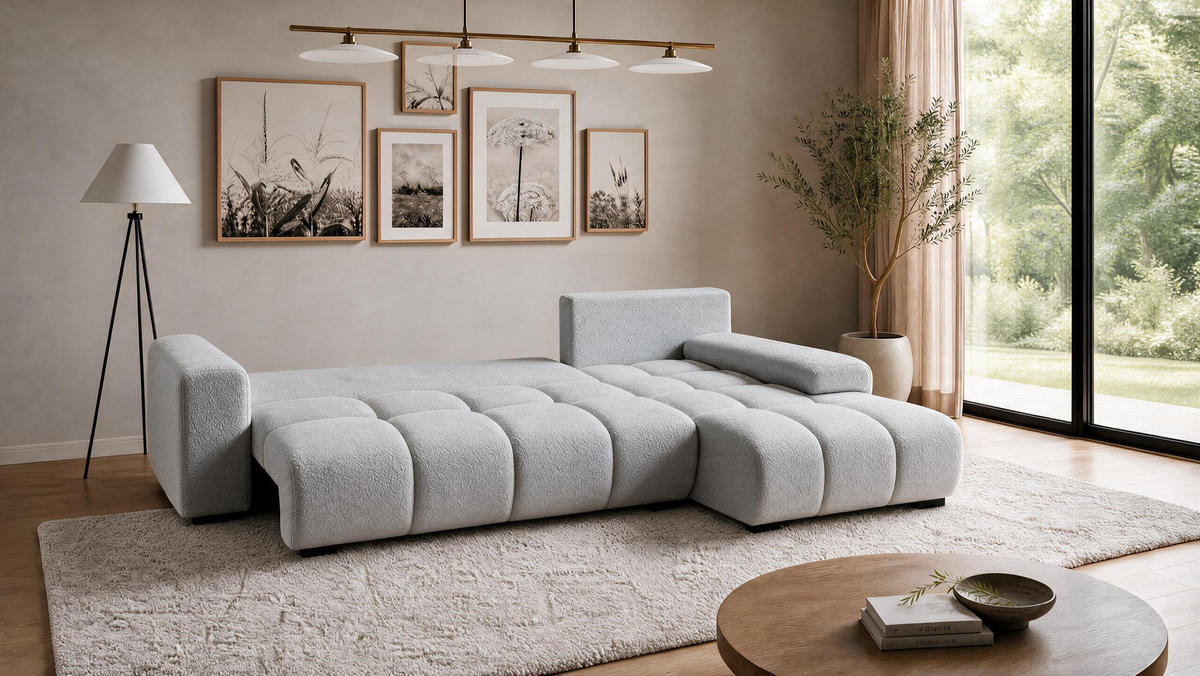 ECKSOFA Ovia mit Bettkasten und Schlaffunktion, Bouclé-Stoff in L-Form - Hellgrau, Textil (270/185cm)