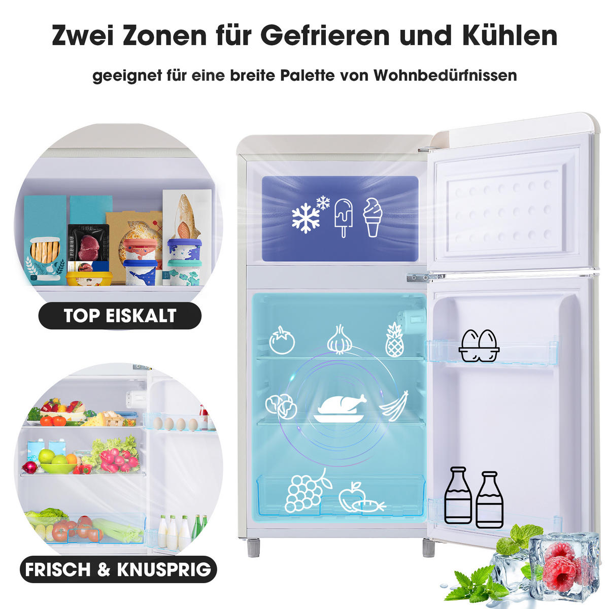 RETRO KÜHLSCHRANK 72L Doppeltür 21L Gefrier LED E Klasse - Weiß, Kunststoff (45/91/46cm) - FLIEKS