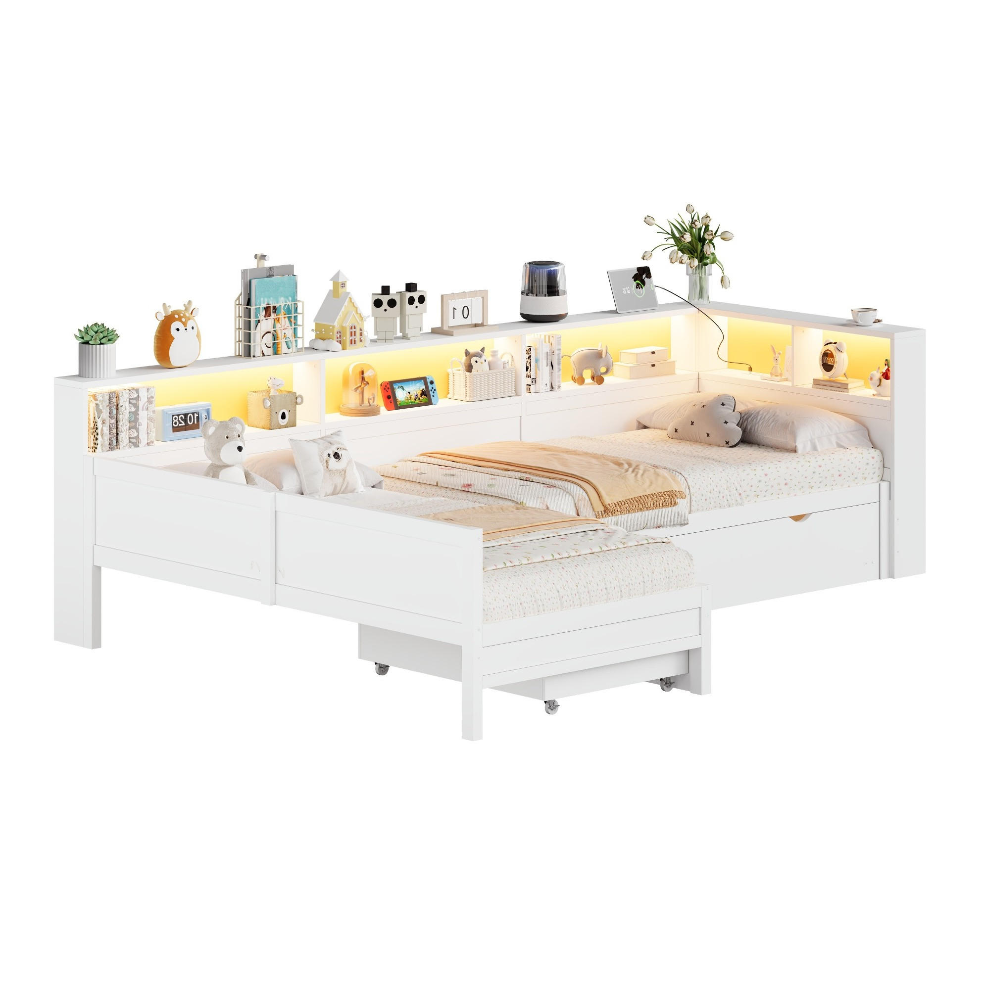 TAGESBETT 90/200 cm aus MDF und Sperrholz mit Ausziehbett, LED und Ladestation, Weiß - Weiß, Holzwerkstoff (90/200cm) - Redom