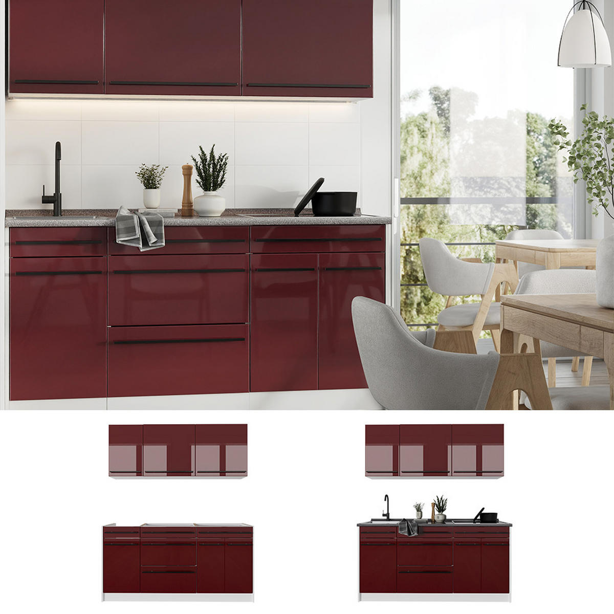 SINGLEKÜCHE R-Line, Rot Hochglanz/Weiß, 160 cm Arbeitsplatte Anthrazit - Rot/Weiß, Holzwerkstoff (160/81.6/60cm) - Vicco