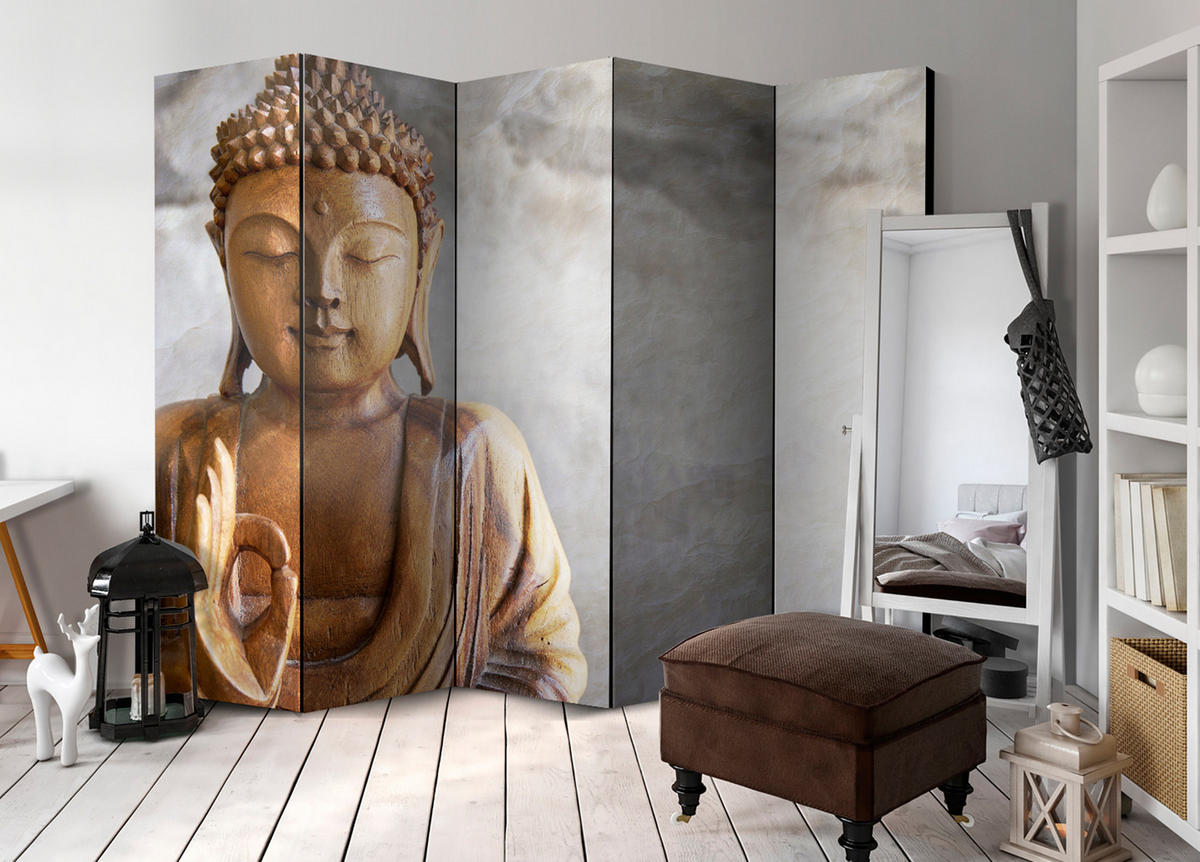 PARAVÁN Obojstranný 5-Dielny 225x172 cm Buddha Boho - hnedá, drevo/textil (225/172/3cm) - Muralo