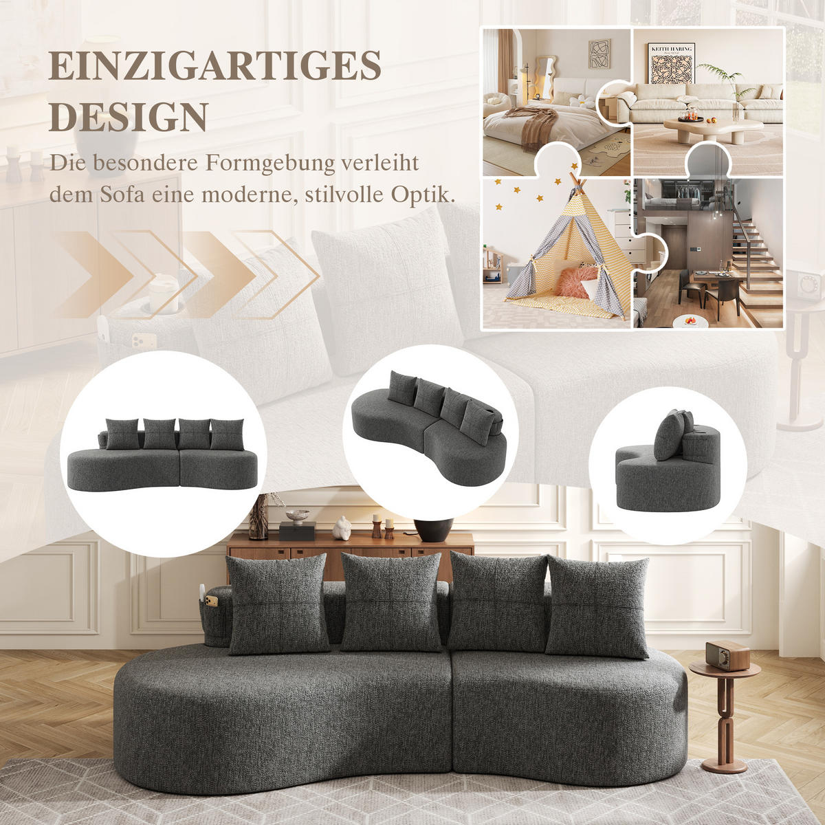 3-SITZER SOFA leinenstoff farbwahl mit getränkehalter & seitentaschen - Dunkelgrau, Textil (240/63/109cm) - Urban Meuble