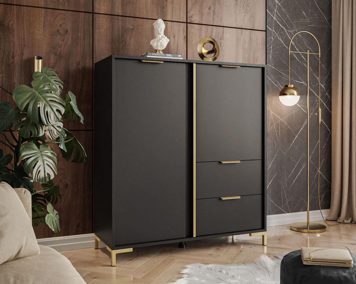 KOMMODE LARETTO 2D2S anthrazit - Schwarz, Holzwerkstoff (103/117.4/40cm) - Lookway