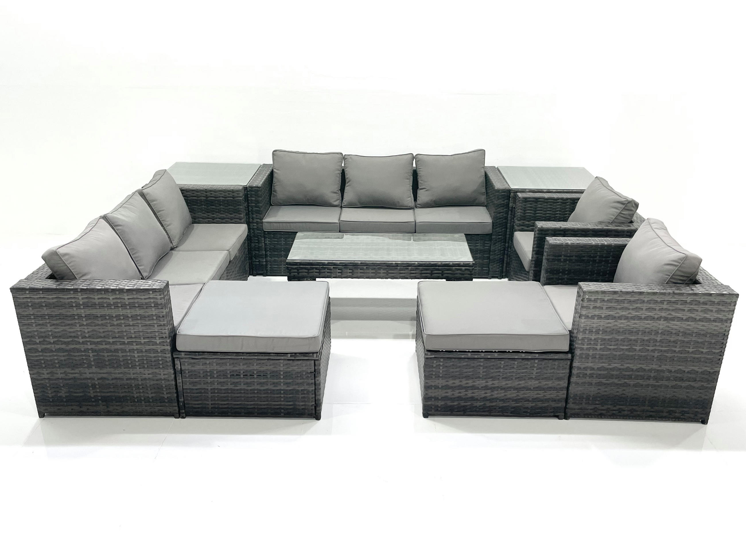 GARTENMÖBEL COUCHTISCH SET mit Sofa Polyrattan Outdoor 10-Sitzer - Dunkelgrau/Grau, Glas/Kunststoff - Fimous