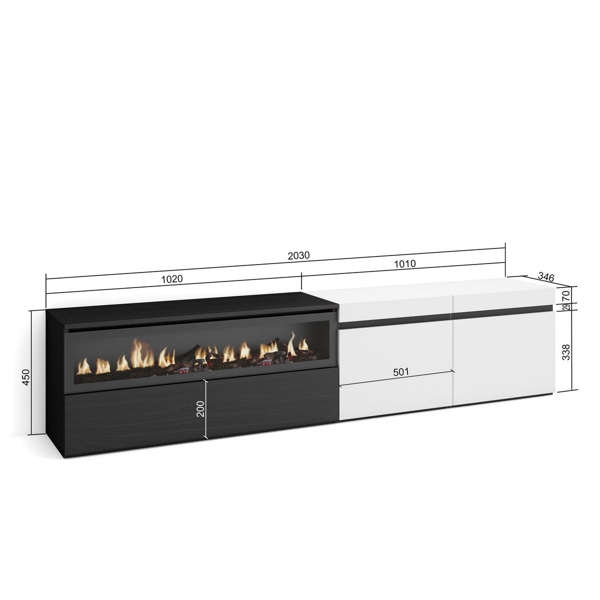 LOWBOARD, mit Elektrokamin, weiß, schwarz, 200/35/45cm - Schwarz/Weiß, Holzwerkstoff (200/45/35cm) - Skraut Home