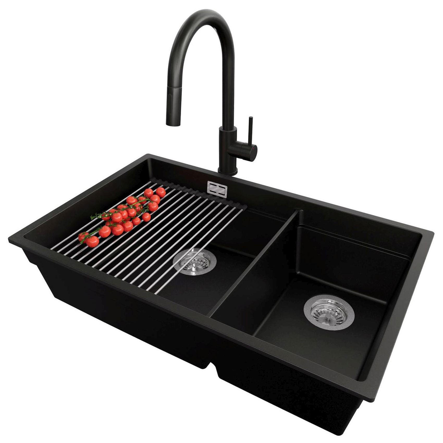 GRANITSPÜLE Praga Slim Duo, 2-er set Schwarz 76/47 cm 2 Becken + Küchenarmatur 40/20 cm + Ablauf-Set + Aufrollbare Abtropffläche ab 80er Unterschrank - Chromfarben/Schwarz, Kunststoff (76/20/47cm) - Primagran