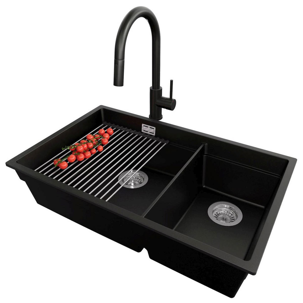 GRANITSPÜLE Praga Slim Duo, 2-er set Schwarz 76/47 cm 2 Becken + Küchenarmatur 40/20 cm + Ablauf-Set + Aufrollbare Abtropffläche ab 80er Unterschrank - Chromfarben/Schwarz, Kunststoff (76/20/47cm) - Primagran