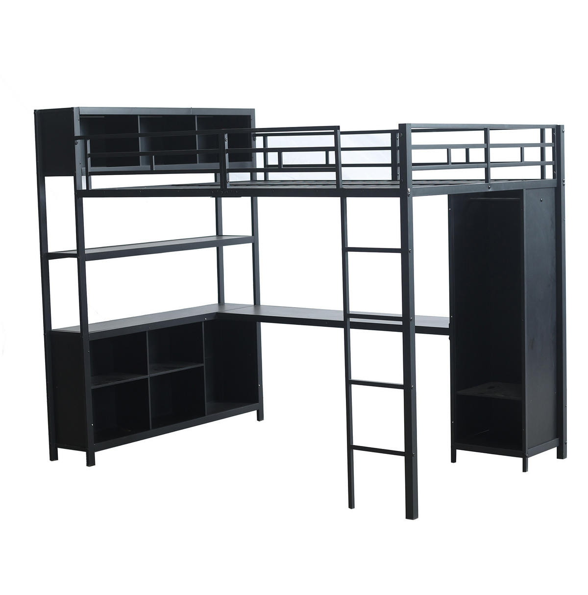 HOCHBETT 140/200 cm Schwarz aus Eisen und Spanplatte mit Schreibtisch und Kleiderschrank - Schwarz, Metall (90/200cm) - OKMYHOME