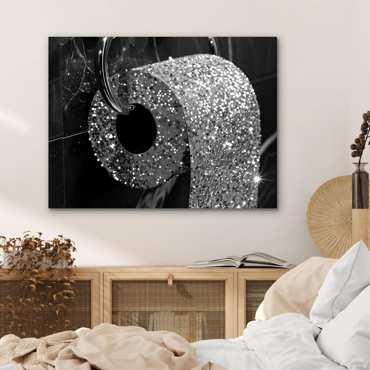 KOVOVÝ OBRAZ WC - toaletný papier - čiernobiely - trblietky 80x60 cm - strieborná, kov (80/60cm) - MuchoWow