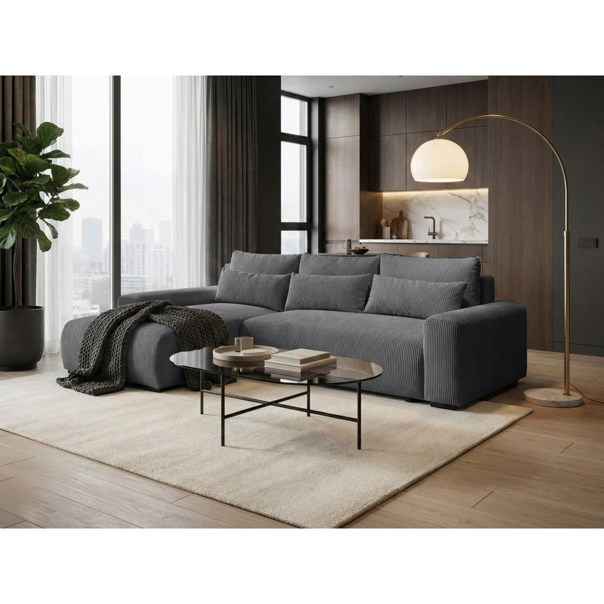 ECKSCHLAFSOFA Benny dunkelgrau links - Dunkelgrau/Schwarz, Kunststoff/Textil (271/185cm) - Beautysofa