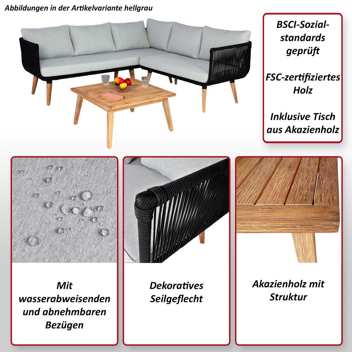 GARTEN-GARNITUR Schwarz, Braun, Hellgrau - Hellgrau/Schwarz, Holz - MCW