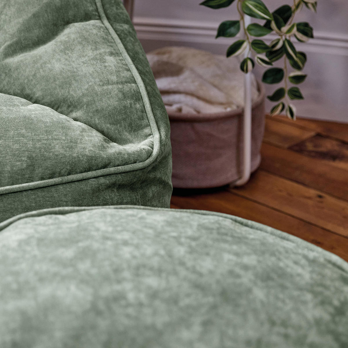 SITZSACK Chenille-Sofa icon Cecilia und Fußhocker-Sitzsack Milano im 2-teiligen Set, salbeigrün - Salbeigrün, Kunststoff/Textil (160/70/93cm) - icon