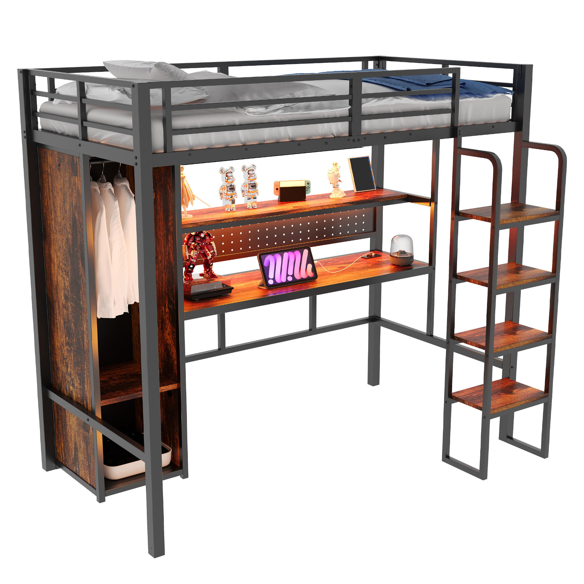 STILVORA HOCHBETT 90/200 cm in Schwarz mit Kleiderschrank, Schreibtisch, Regal und LED