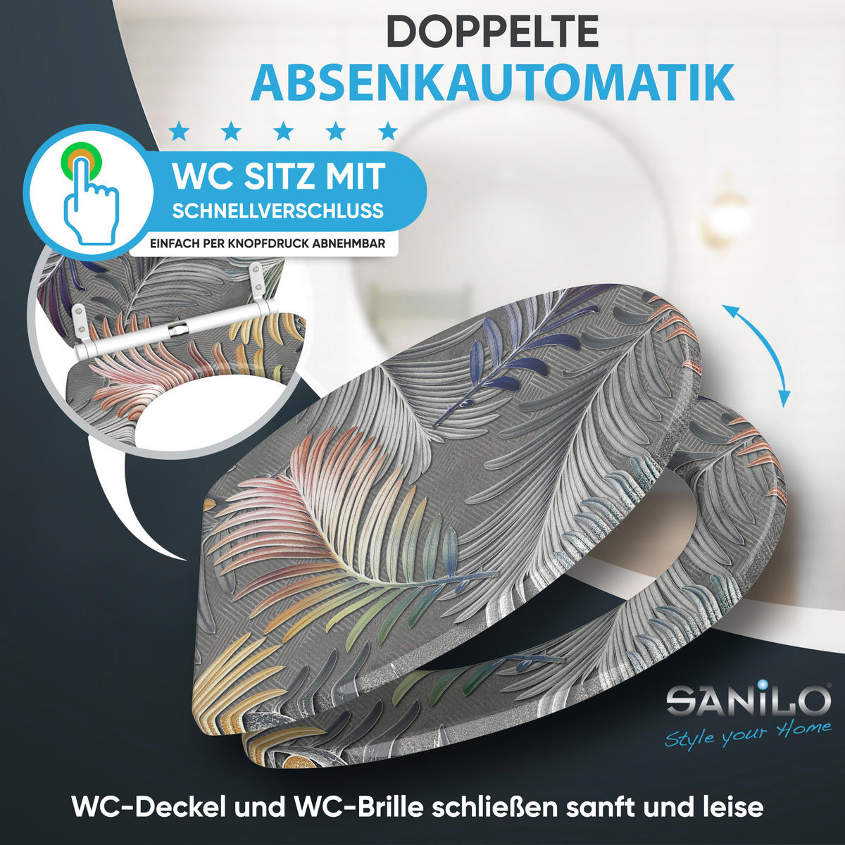 WC-SITZ mit Absenkautomatik & Top Fix Farn - Grau, Holzwerkstoff (37.7/5.5/48cm) - Sanilo