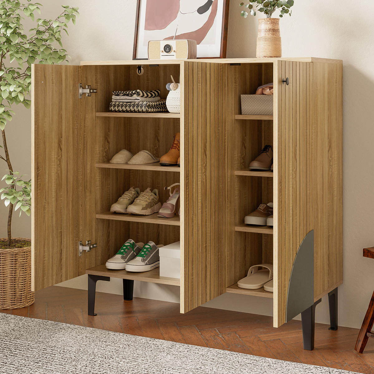 SCHUHSCHRANK 90x32x94 Holzoptik 3 Türen Stauraum Ablage - Naturfarben, Holzwerkstoff (32/94/90cm) - FLIEKS