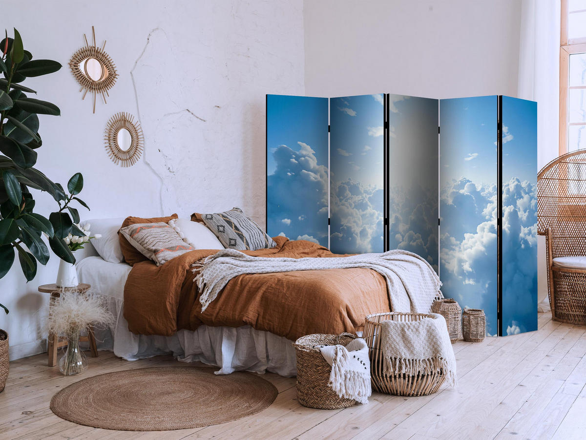 PARAVÁN Akustický 5-dielny 225x172 cm Slnko Nebo a Oblaky - modrá, drevo/textil (225/172/3cm) - Muralo